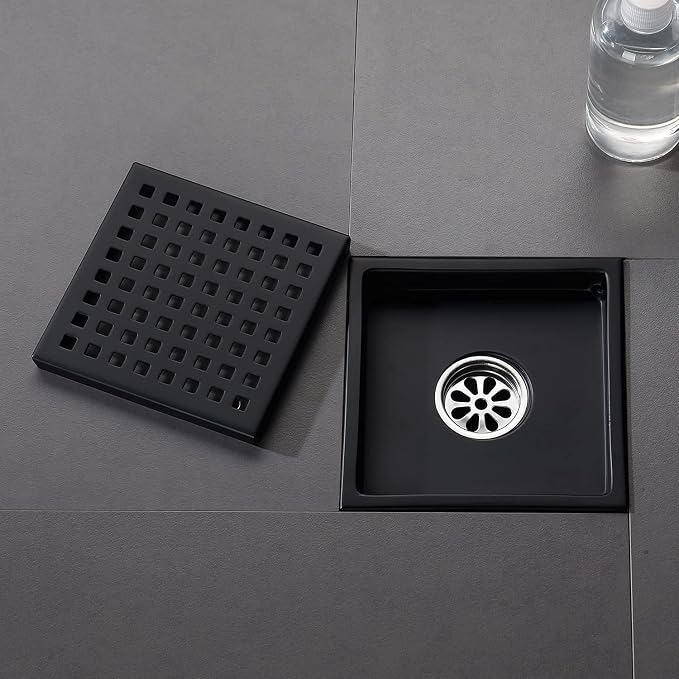 6 Inch Square Shower Floor Drain Black Matte, Grille with Removable Cover, SUS304 Stainless Steel