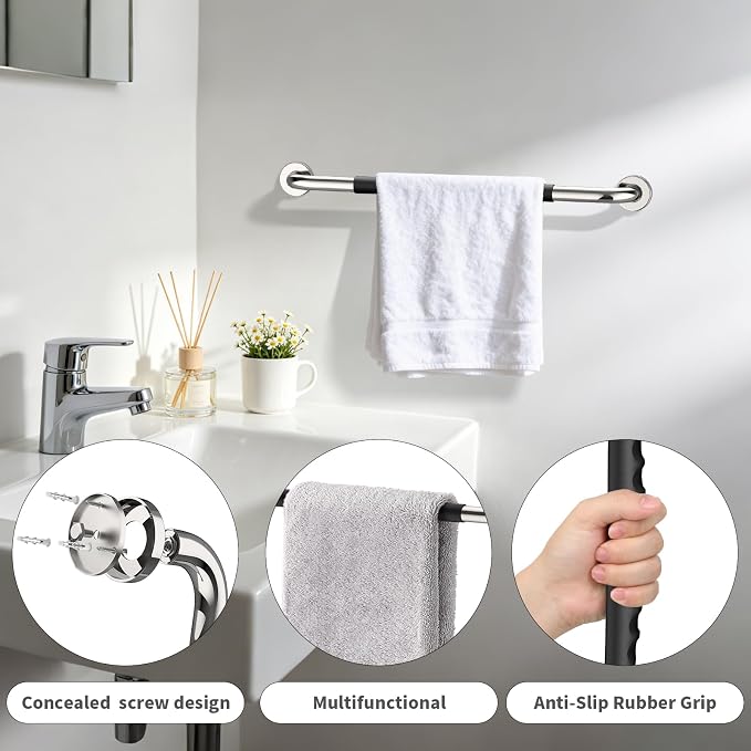 Anti-Slip Chrome Bathroom Grab Bar 24 inch, iMomwee Stainless Steel Shower Handrail for Elderly, Wall Mounted Safety Handicap Bars, Balanced Support Handle Bar for Senior