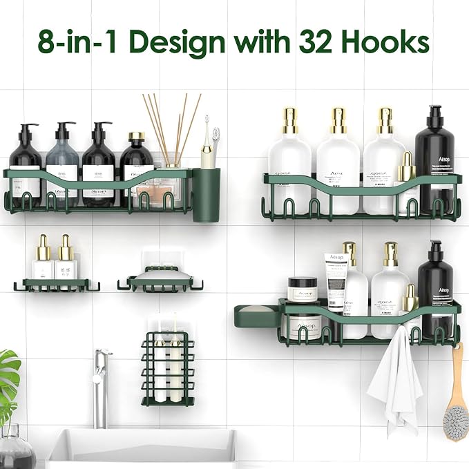 NESOMI Shower Caddy Adhesive Shower Organizer 8-Pack, Rustproof Stainless Steel Bathroom Shelves, Large Capacity No-Drill Rack Storage Accessories with Soap Dish Toothbrush Holder Hooks