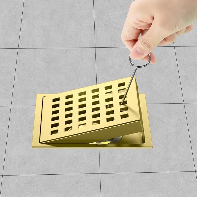 4 Inch Square Shower Drain Brushed Gold with Removable Quadrato Pattern Grate, SUS 304 Stainless Steel Floor Drain with Flange
