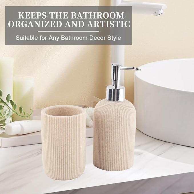 Beige Bathroom Accessories Set Include Soap Dispenser and Toothbrush Holder | Modern Stripe Design, Resin Bathroom Set 2 Piece for Bathroom Countertop Storage and Decoration