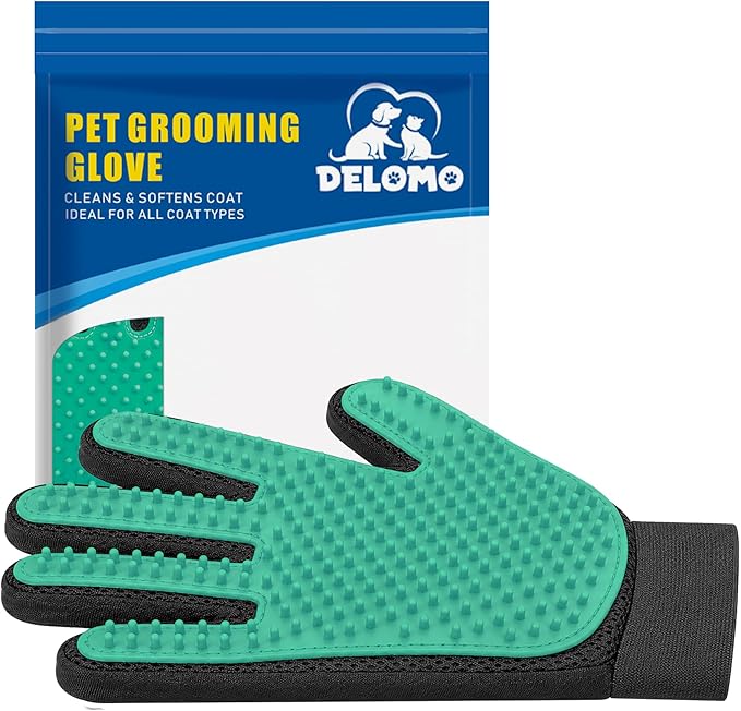 Pet Hair Removal Glove with 255 Silicone Tips for Dogs & Cats, Right Green | 2-in-1 Deshedding & Massage Mitt, 5-Finger Flexible Design, for Bathing & Grooming, Safe for Long/Short/Curly Hair Pets