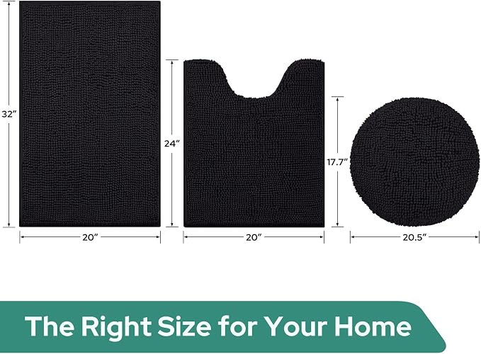 HOMEIDEAS 3 Pieces Black Bathroom Rugs Set, Ultra Soft Non Slip Bath Rug and Absorbent Chenille Bath Mat, Includes U-Shaped Contour Rug, Bath Mat and Toilet Lid Cover, Perfect for Bathroom, Tub