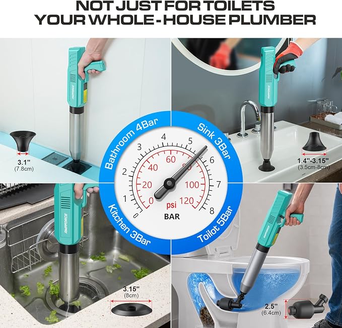 Electric Toilet Plunger, Heavy-Duty Clog Remover, Mint Green | High-pressure air plunger for bathrooms. Powerful toilet drain unclogger.