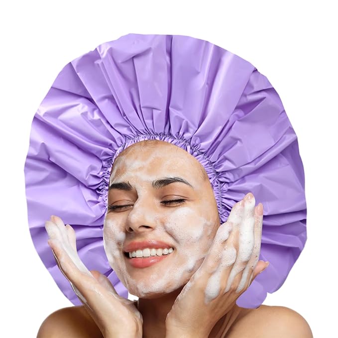 Super Jumbo Shower Cap for Women, 2 PCS Waterproof Hair Caps for Locs | Extra Large, Double Side Reusable PEVA Bath Cap, Washable, Holds Long Thick Twist Braid - Black + Purple