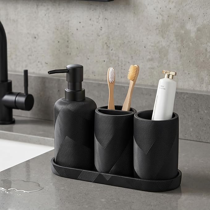 Bathroom Accessories Set, Bathroom Organizer Countertop, Matte Black, 4 PCS | Modern,Simple,Stripe, With 10OZ Soap Dispenser, Toothbrush Holder, Mouthwash Cup, Vanity Tray for Bathroom Home Hotel Office