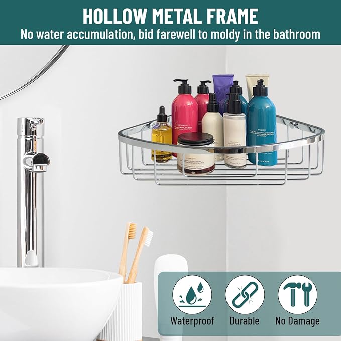 Stainless Steel Wall Mount Shower Caddy, Single Hook & Bath Wipe |Waterproof Durable Corner Shower Rack for Bathroom |Space Saving Bathroom Organizer & Storage for Shampoos Soap Bath Items | Silver