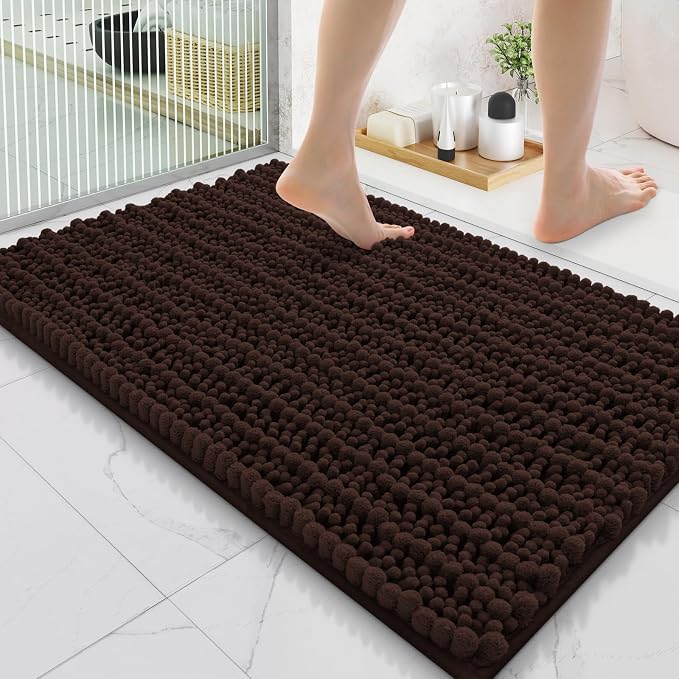 Smiry Bathroom Rugs 35X24, Extra Soft Rubber Backing Chenille Bath Mats | Brown Machine Washable Non Slip Quick Dry Bath Mats for Bathroom Floor, Tub, Shower, Home Decor Accessories