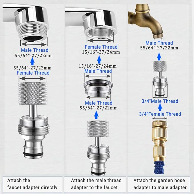 360° Swivel Dishwasher Faucet Adapter, Quick Connect Faucet to Hose Adapter Sink Hose Aerator, Male To Female Hose Adapter for Dishwasher, Kitchen, Garden - 15/16-27 Male to 55/64-27 Female (Chrome)