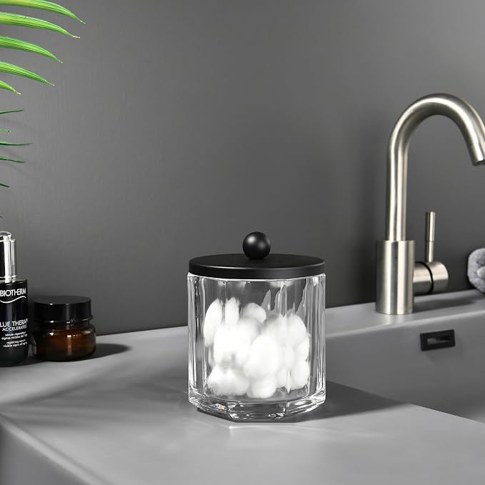 Clear Transparent Apothecary Octagional Shaped Glass Canister Jar With Matte Black Metal Lid Cover for Bathroom Organization, Cotton Balls, Q Tips, and Small Accessories, Bath Storage