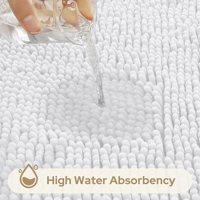 HOMEIDEAS White Chenille Bathroom Rugs Set of 3, Non Slip Bath Mat | Super Absorbent, Soft Microfiber, Machine Washable, Stain Resistant, for Bathroom Decor