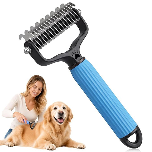 Pet Grooming Brush, Double-Sided Deshedding Dematting Tool for Dogs & Cats, Detangling Tool For Matted Fur, Ideal For Medium Or Long Haired Breeds (Blue)