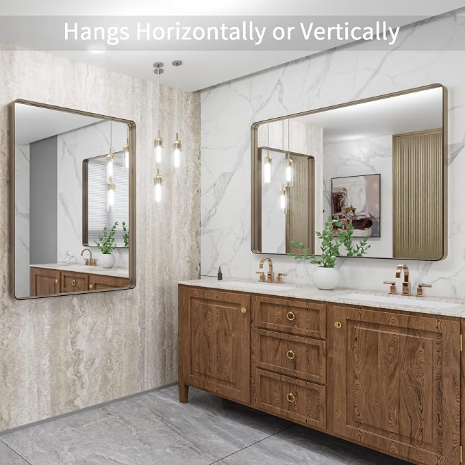 LOAAO 40"X32" Bronze Bathroom Mirror | Rounded Rectangle, Brushed Bronze Metal Frame, Anti-Rust, Tempered Glass, Hangs Horizontally or Vertically