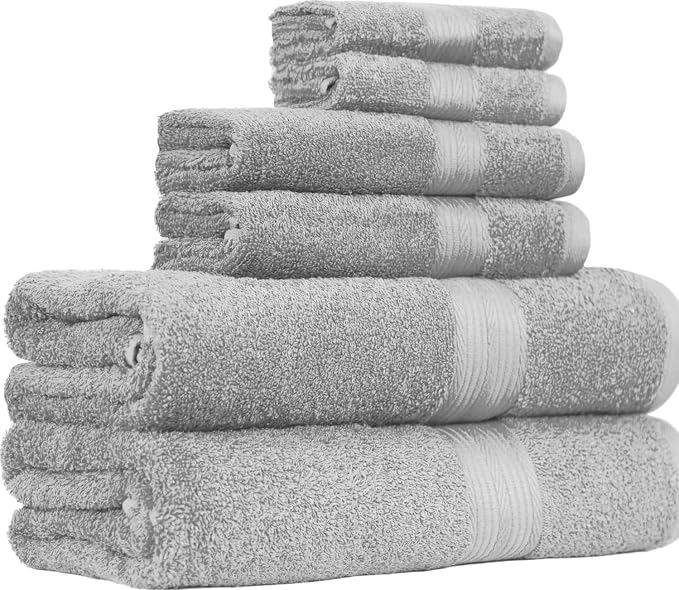 Amazon Basics 6-Piece Fade-Resistant 100% Cotton Towel Set for Bathroom, Soft and Absorbent, 2 Bath Towels, 2 Hand Towels, 2 Washcloths, Gray