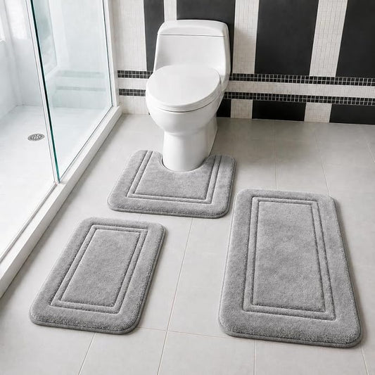3 Piece Bath Rug Set Memory Foam Non-Slip, Bordered Toilet Rug, Light Gray | Modern & Minimalist Decor — Light Gray bath mats, absorbent and washable, with a U-shaped toilet mat.