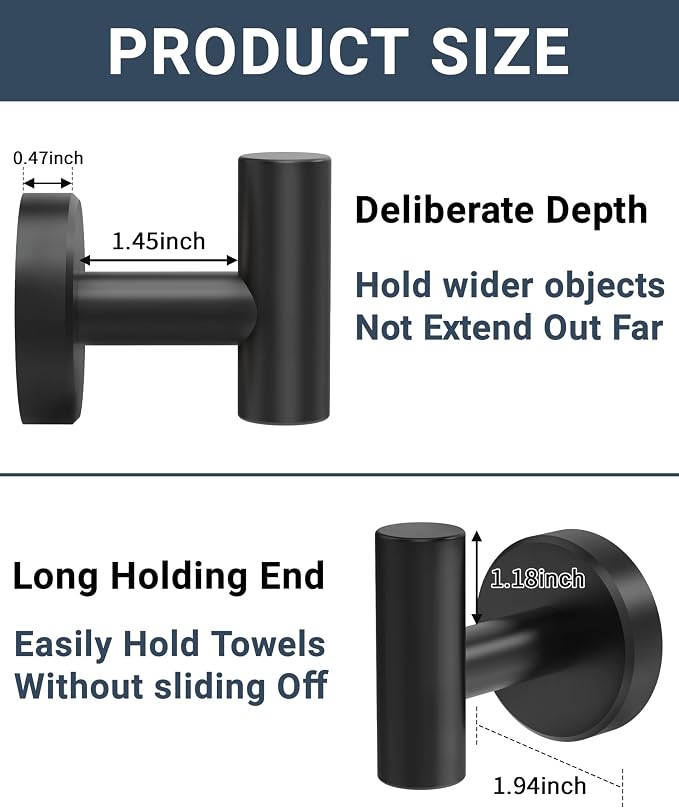RARXTR Black Bathroom Towel Hook, Coat Robe Clothes Hook for Kitchen Garage Wall Mounted 4 Pack, 304 Stainless Steel, Heavy Duty Door Hanger, Cabinet Closet Wall Hook for Hotel Pool (Matte Black)