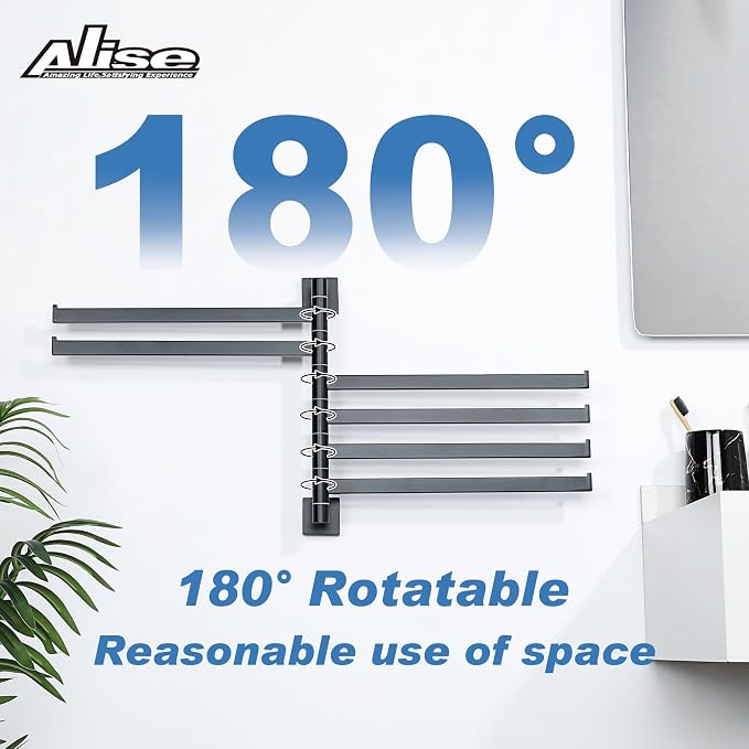 Alise Swivel Towel Rack, 6-Arm Towel Bar, Space Saving Towel Rack Wall Mount Drying Towel Holder, Swing Out Towel Holder for Bathroom Kitchen Toilet, Square SUS304 Stainless Steel, Matte Black