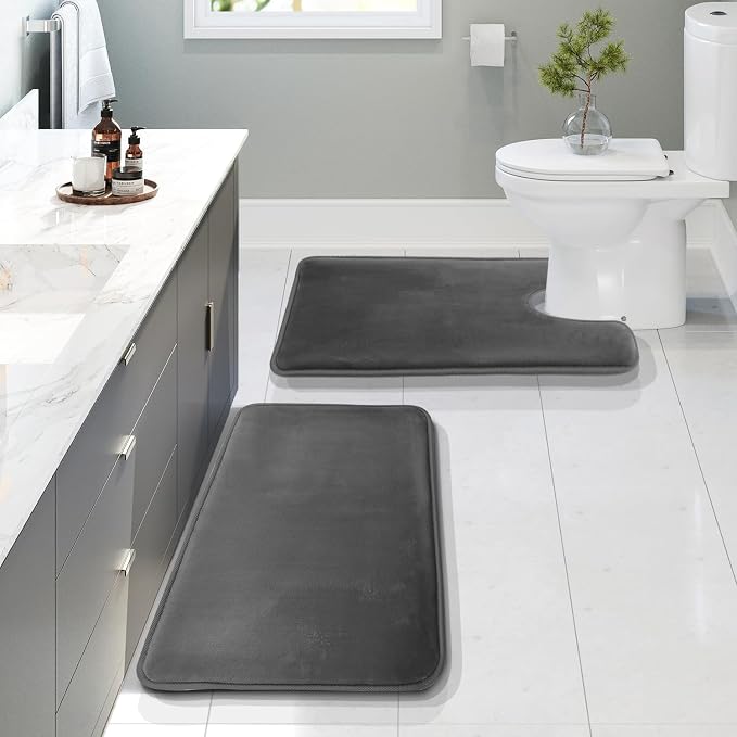 Clara Clark 2 Piece Bathroom Rugs, Velvet Memory Foam Bath Mat Set, Non-Slip Bath Rugs, Machine Wash, Dries Quickly, Ultra Soft Plush Bath Mats for Bathroom, 20 x 32 + Contour, Dark Grey