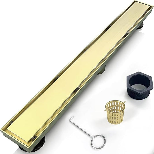 32 Inch Linear Shower Drain Bathroom Kitchen Golden Floor Drain Removable Capsule Pattern Cover Accessories Shower Drain 304 Stainless Steel Drain with Hair Strainer Adjustable Leveling Feet