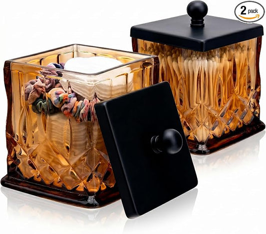 2 Pack Glass Qtip Holder Dispenser Set,Square Bathroom Apothecary Jars with Matte Black Lid for Cotton Swabs, Balls, Pads,Floss Picks, Vanity Storage Container for Makeup, Candy, Jewelry(15 Oz, Amber)