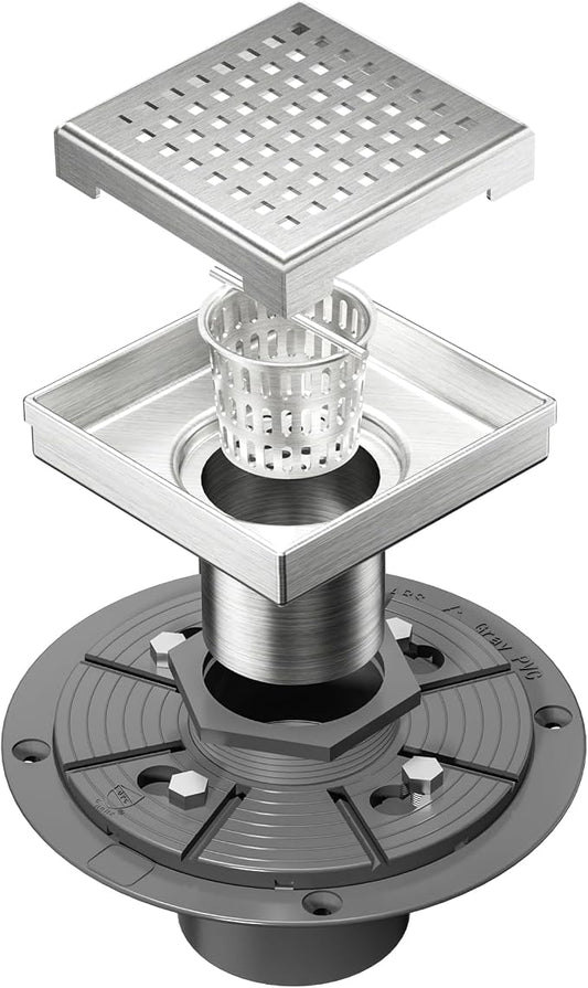 Neodrain 4-Inch Square Shower Drain with Removable Quadrato Pattern Grate, PVC Shower Drain Base and Rubber Gasket for Bathroom Floor Drain, Brushed 304 Stainless Steel, Includes Hair Strainer