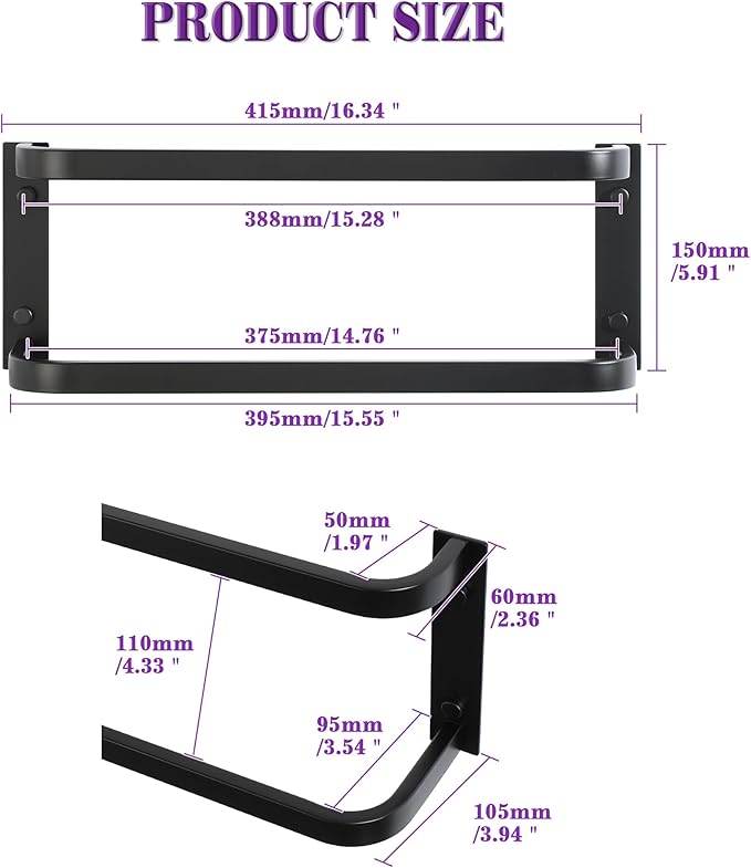 Alise Double Towel Bars 16 Inch, Towel Rack for Bathroom Stainless Steel Bathroom Towel Rack Wall Mounted Towel Holder, Matte Black