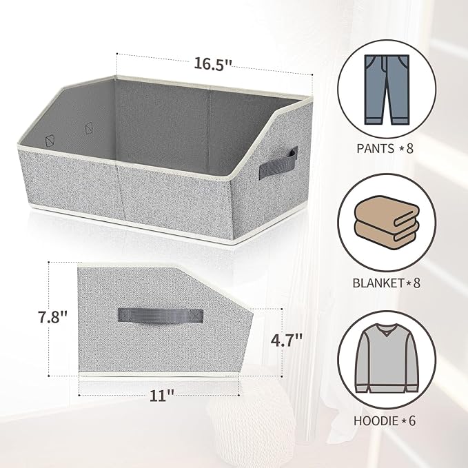 Homsorout Closet Baskets for Shelves Trapezoid - Decorative Storage Baskets with Handle, Closet Bins for Organization, Shelf Storage Bins for Clothes, Books, Home, Office, 10 Pack, Light Gray