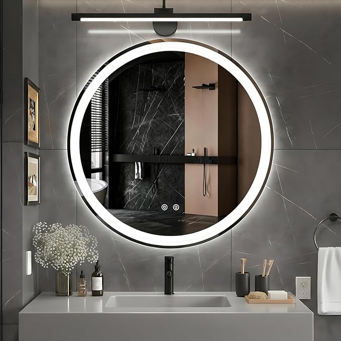 DUMOS 36 Inch Round LED Bathroom Mirror with Lights, Circle Vanity Mirror | Anti-Fog, Dimmable, 3-Color Light, Front Light and Backlit, Memory Function, Tempered Glass