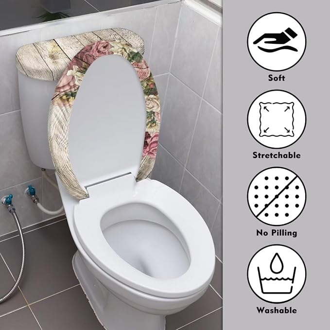 Toilet Seat Cover Toilet Tank Cover Wood Print Decoration Vintage Floral Seat Lid Decor Oval Elongated
