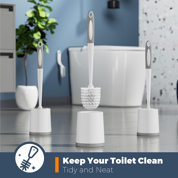 Holaloha Toilet Brush and Holder Set, 3 Pack, White | Bathroom Accessories, Ergonomic Silicone Handle, Dense Bristles, Deep Cleaning, with 3 Crevice Brushes, Scrubber