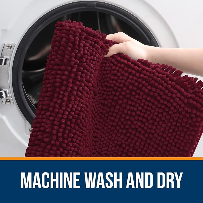 OLANLY Chenille Bathroom Rugs Mats Sets 2 Piece, 30"x20"+24"x16", Burgundy | Ultra Soft Absorbent Bath Rugs Set, Rubber Backing Non-Slip, Quick Dry, Machine Washable Bath Carpet, Home Decor Accessories