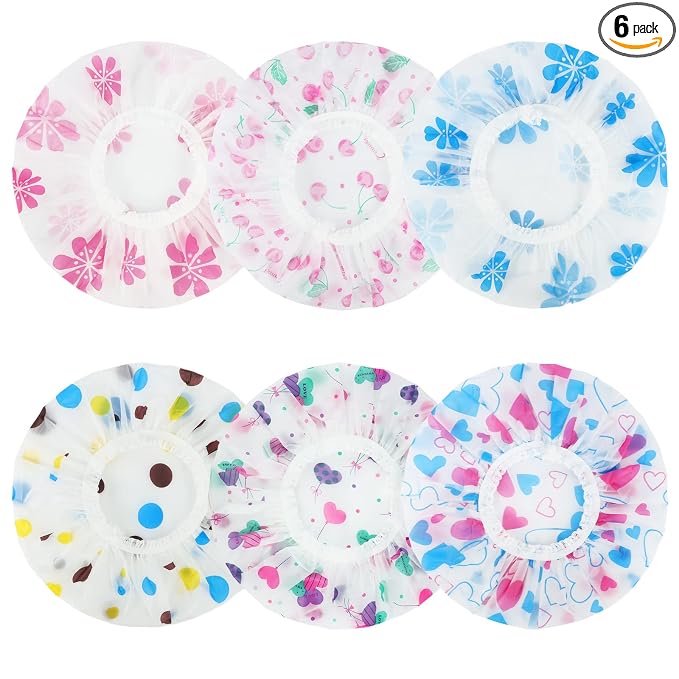 6 Pcs Shower Caps, Waterproof Bath Caps Plastic Reusable Shower Caps Elastic Band Bath Hair Caps for Women Kids | PE material, 10.6 in, elastic fit, travel-friendly, for women, kids, bathing, makeup, hair care, cooking