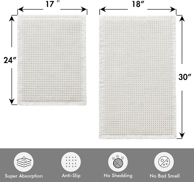 MIULEE Set of 2 Waffle Bathroom Rugs Boho Bath Mat White 17"x24"+18"x30" | Non Slip, Super Absorbent, Washable, Ultra Soft, Rubber Backed, Small Bath Rugs for Bathroom Floor Tub Shower