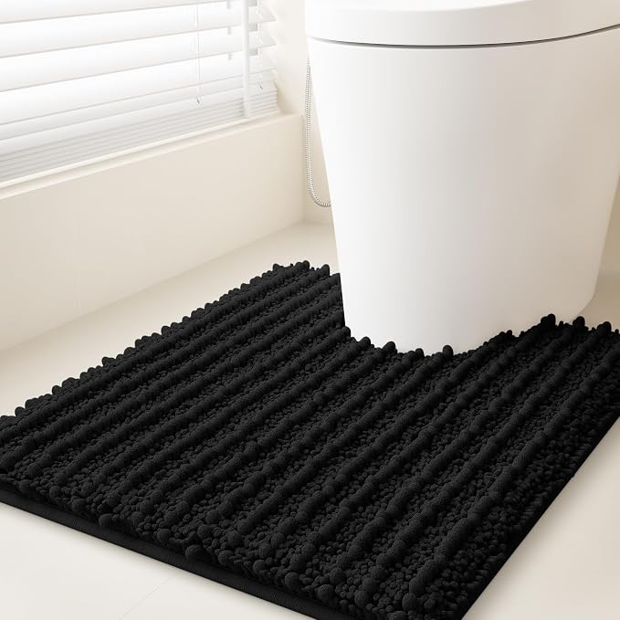 ACCUMTEK Upgrade Luxury Black Toilet Bathroom Rug Mat 24" x 20" Contour Rug, Ultra Soft Thick Absorbent Bath Mats, Non Slip Chenille Toilet Mat for Bathroom, Bedroom, Kitchen, Shower, Tub
