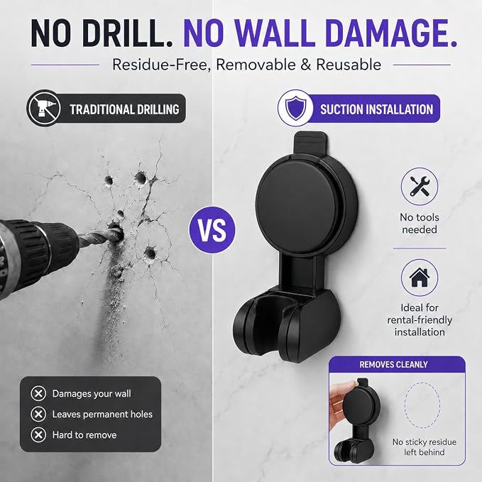 Suction Shower Head Holder, Black Adjustable Handheld Shower Wand Holder for Bathroom Wall, No Drill Vacuum Suction Cup Shower Bracket Removable Shower Holder for Smooth Surface