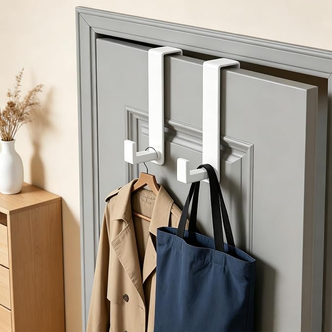 HUFEEOH Over Door Hooks, Stainless Steel Door Hanger with Non-Slip Pads, Easy Install Towel Coat Storage Fits 1-3/4" Thick Door (White, Fits 1-3/4" Thick Door -L Shape - 2 Pack)