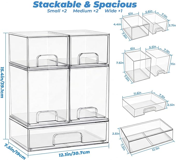Baby Bottle Organizer, 5 Pack Stackable Storage Dust-proof Drawers, Clear Plastic Bottle Station Organizer for Countertop & Cabinet, Pacifier and Medicine Container for Nursery