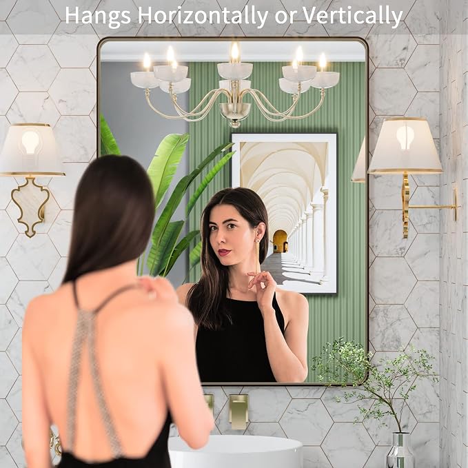 LOAAO 28"X36" Bronze Bathroom Mirrors | Rounded Rectangle, Brushed Bronze Metal Frame, Anti-Rust, Hangs Horizontally or Vertically