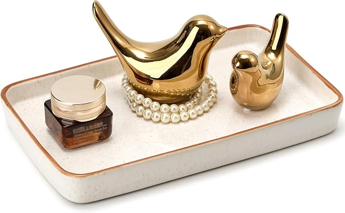 10"×6"×1" Bathroom Vanity Tray for Countertop- Ceramic Decorative Organizer Tray for Dresser Tops, Toilet, Perfume, Sponge Holder Soap Dish Dispenser for Kitchen Counter- Reactive White