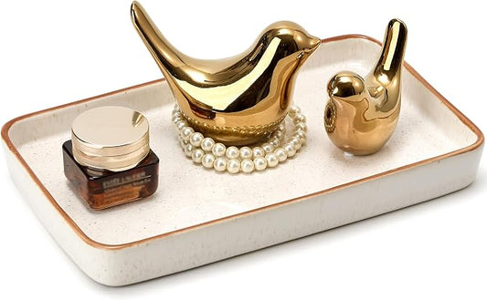 10"×6"×1" Bathroom Vanity Tray for Countertop- Ceramic Decorative Organizer Tray for Dresser Tops, Toilet, Perfume, Sponge Holder Soap Dish Dispenser for Kitchen Counter- Reactive White