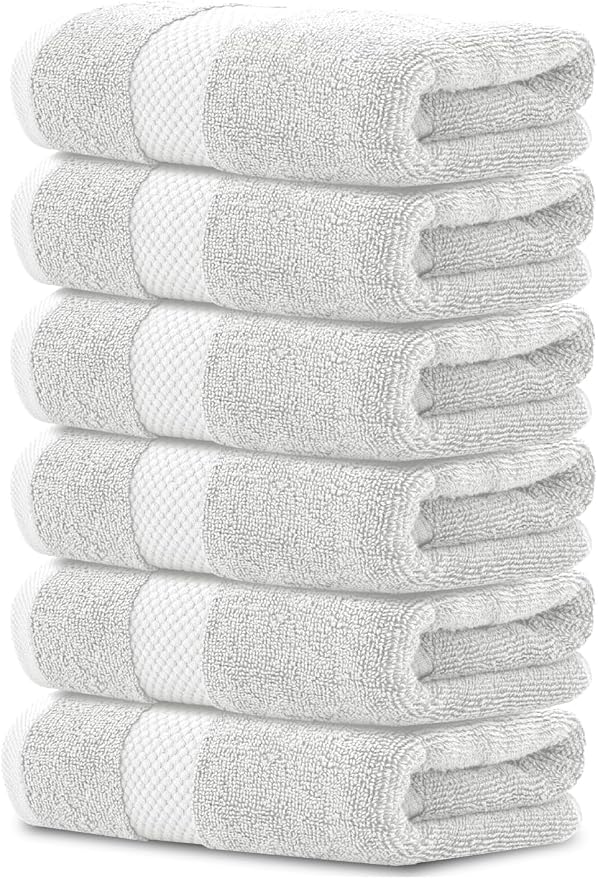 White Classic Luxury Silver Hand Towels - Soft 100% Turkish Cotton | Highly Absorbent Hotel spa Bathroom Towel Collection | 16x30 Inch | Set of 6