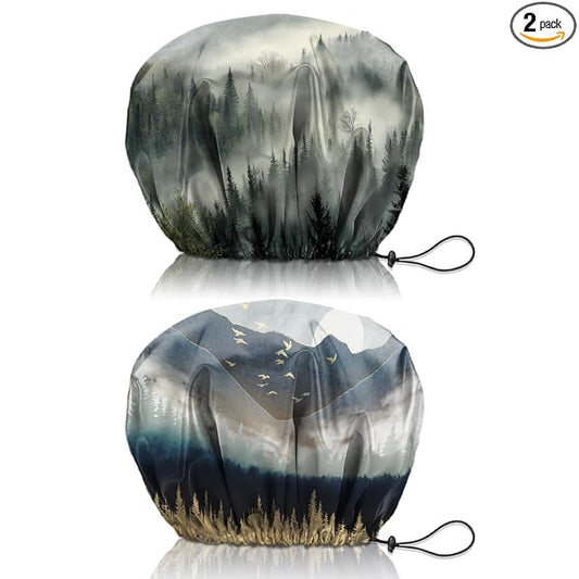 2 PCS Shower Cap Reusable Waterproof Double Layers Hair Caps Shower Bath Adjustable Elastic Hat for Women Girls Cute Aesthetic-Forest