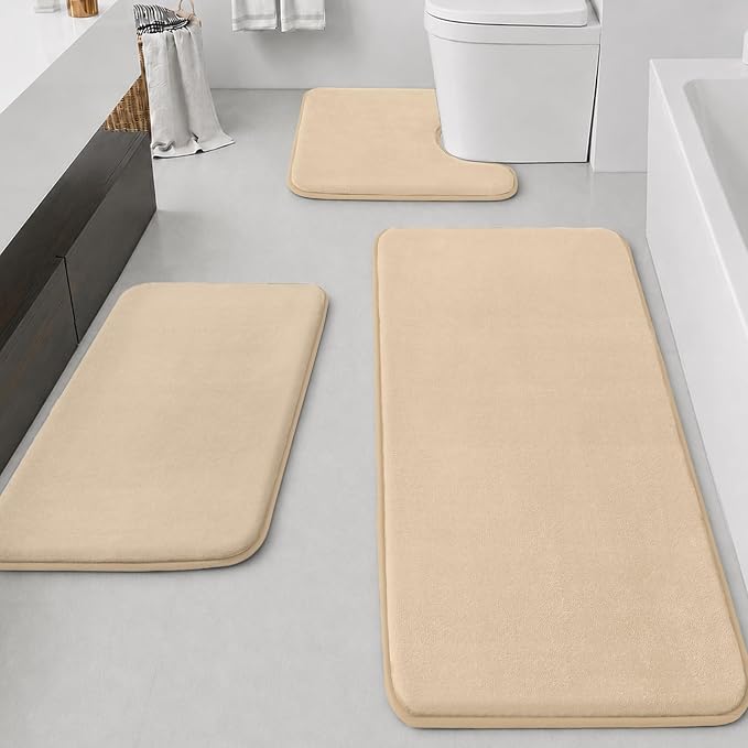 Bathroom Rugs Sets 3 Piece, Non-Slip & Quick Dry Bath Mat Set, Ultra Soft Velvet Bath Rugs for Bathroom, Toilet and Shower Floor, Light Coffee