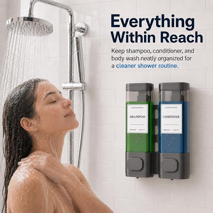 Shampoo and Conditioner Dispenser – Wall-Mounted Shower Soap Dispenser, No-Drill Installation, Lockable, 900 ml Capacity,for Bathroom & Hotel or Airbnb (Gun Gray, 2-Pack)