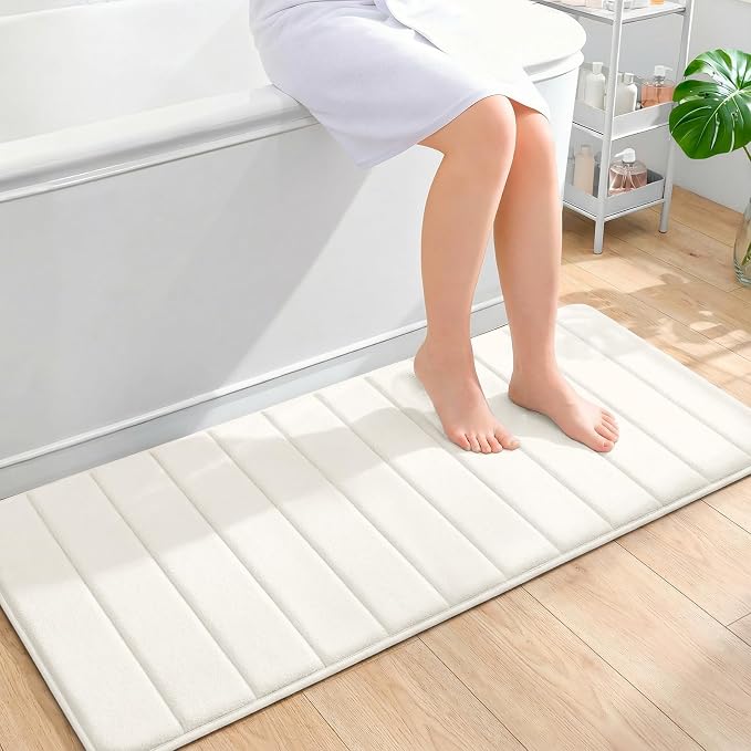 OLANLY Memory Foam Long Bathroom Rugs Runner 47x20, Super Soft Absorbent | Ivory, Quick Dry Bath Mat, Machine Washable Shower Floor Rugs, Bathmat Carpet for Bathroom Floor, Tub and Shower