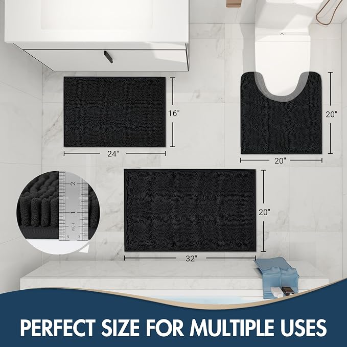 TREETONE Bathroom Rugs Sets, Thick Soft Absorbent 3 Piece Chenille Bath Rugs, Non-Slip, Dry Quickly, Machine Washable, Shaggy Mats with U-Shaped Toilet Rug for Bathroom Floor, Tub and Shower, Black