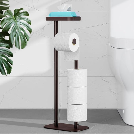 Kitsure Metal Toilet Paper Holder Free Standing, Medium, Brown | Rustproof Toilet Paper Stand for 4 Rolls, Bathroom Organizers and Storage with Anti-Slip Base and Plastic Shelf