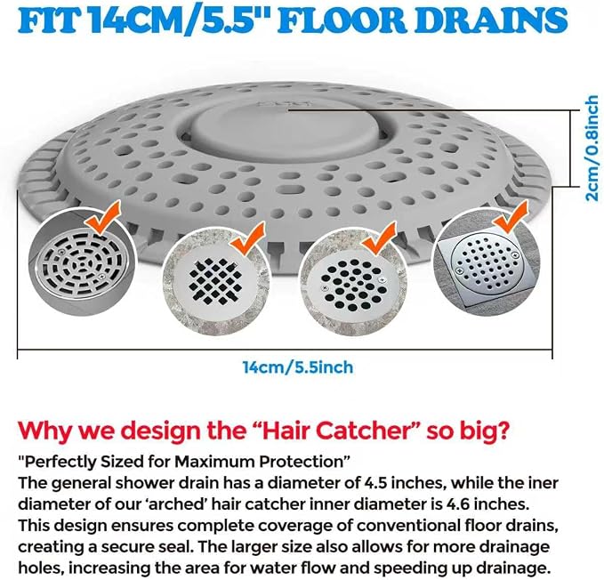 Shower Drain Hair Catcher Silicone Flat Floor Strainer Protector | 2 Pack Gray Weighted Flat Shower Drain Protectors, Traps Hair Before Clogs, Easy to Clean in Seconds, Fits Flat Floor Drains