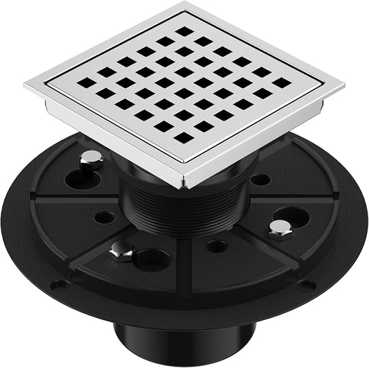 EXF Square Shower Drain 4-3/8 Inch Chrome, Stainless Steel Shower Floor Drain Kit with ABS Flange, Removable Cover Grid Grate, Hair Strainer