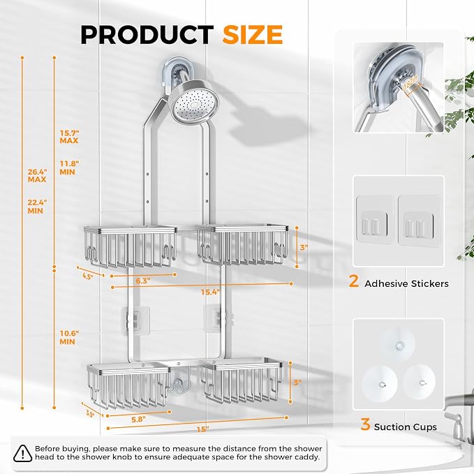 Adjustable Aluminum Shower Caddy Hanging for Handheld Showerhead, Silver | Rustproof Aluminum, Shower Organizer, Anti-Slip, Quick-Drain Shelf, 40lbs Capacity, Suction Cups, 8 Hooks, Razor Soap Holders